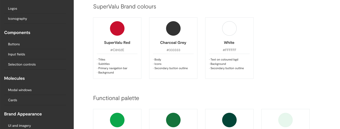 Screen grab from the Tayberry Design System showing menu items and colour design tokens