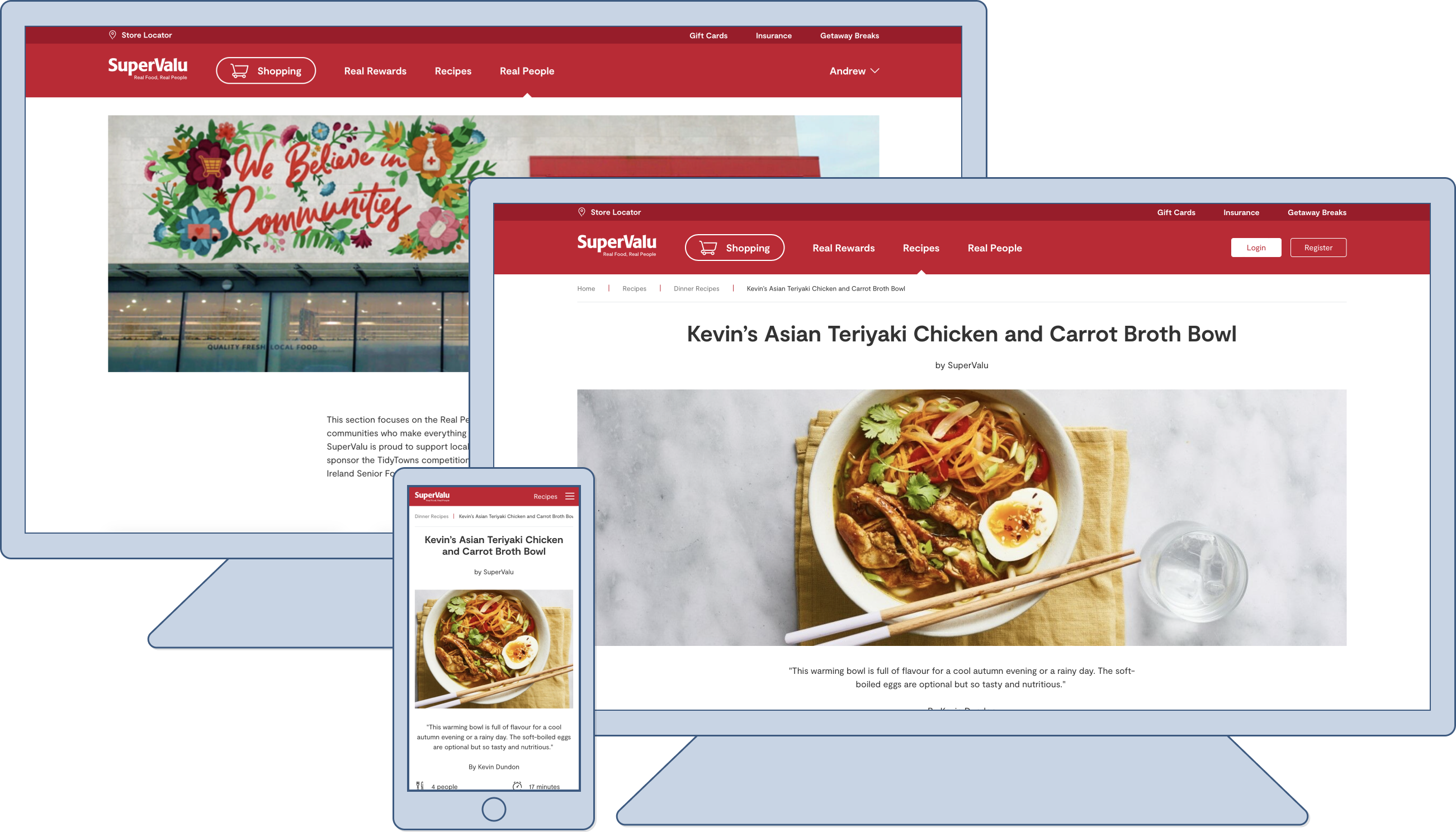 Example pages of the SuperValu website shown on different size devices
