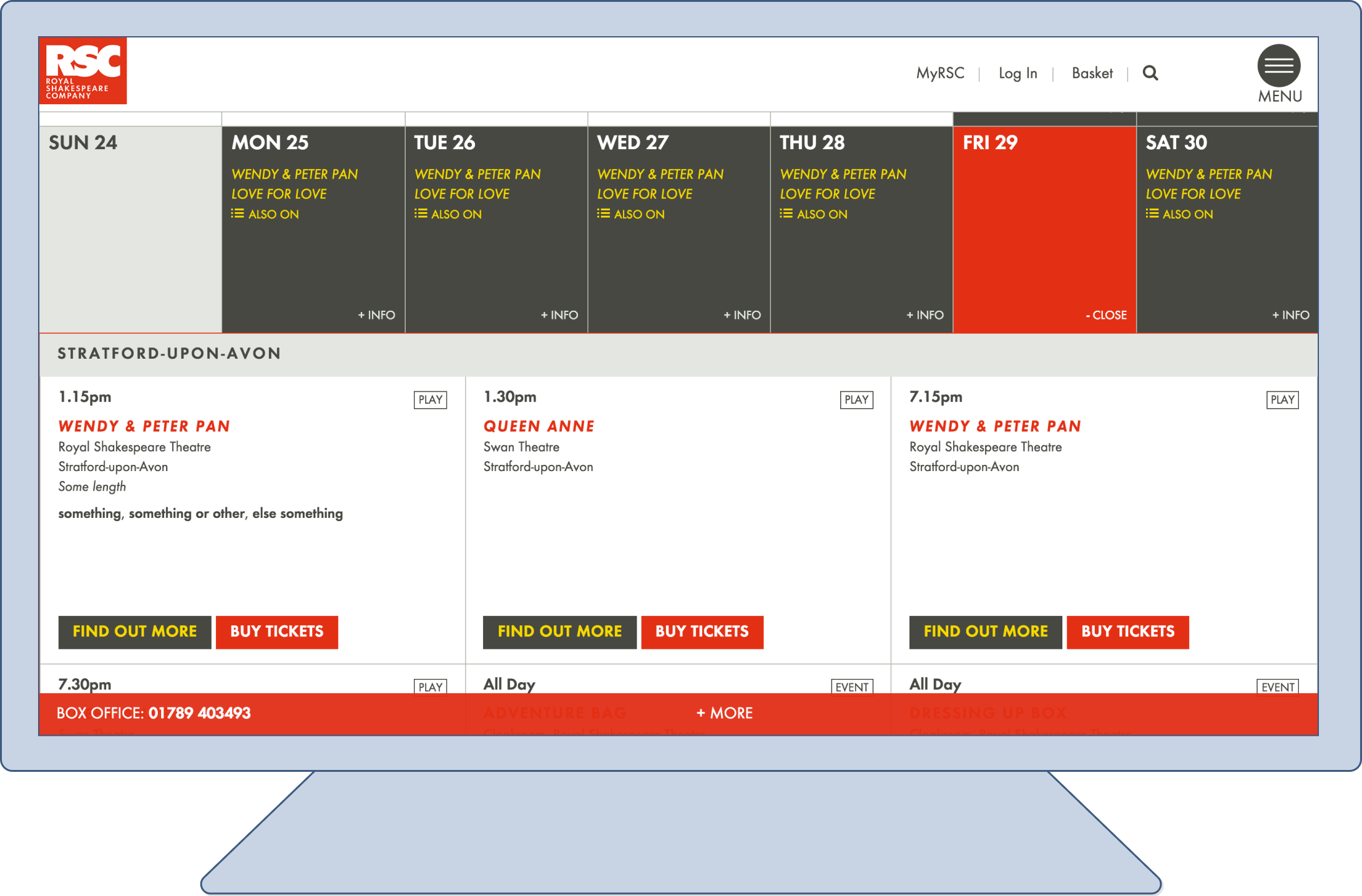 Calendar view of What's On & Book Tickets
