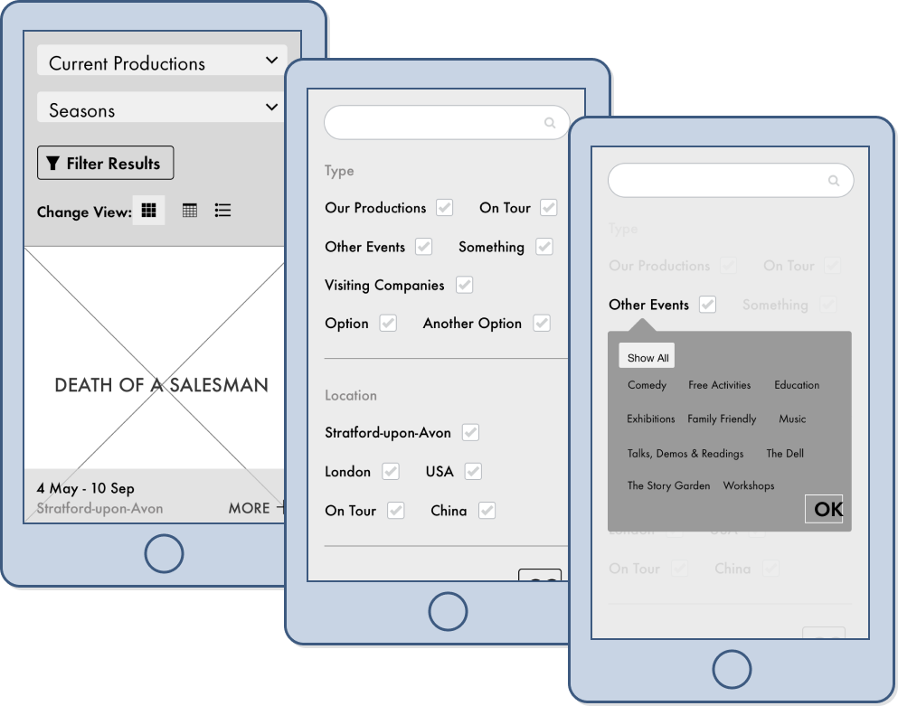 Wireframe Prototype of What's On & Book Tickets section that was used for Usability Testying